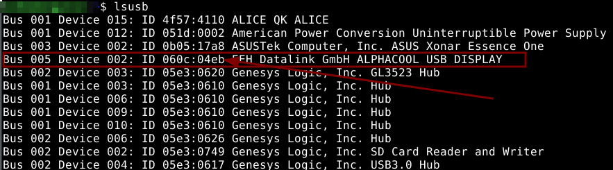 A screenshot of the command line showing the output of lsusb, highlighting the alphacool usb entry